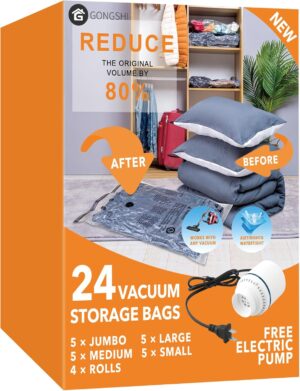 GONGSHI Vacuum Seal Bags for Clothing Travel & Home Storage, Travel Vacuum Bags with Pump,Space Saver for Blankets, Comforters, Pillows, Clothes,24 Combo with Electric Pump