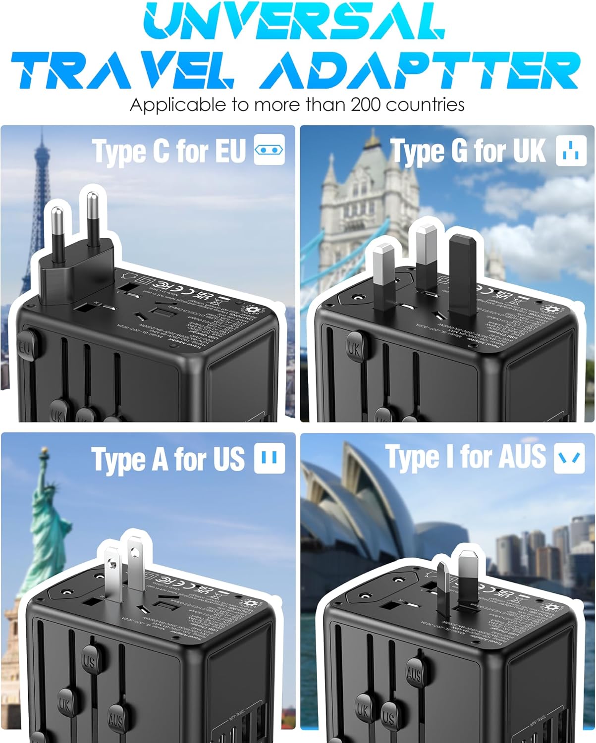 Universal Travel Adapter, 6.0A 30W 5 USB C/A Ports + 2500W AC Outlets, International Power Adapter for All USB Devices, Multi Plugs 110V 220V A/C, European Travel Plug Adapter for 200+ Countries - Image 3
